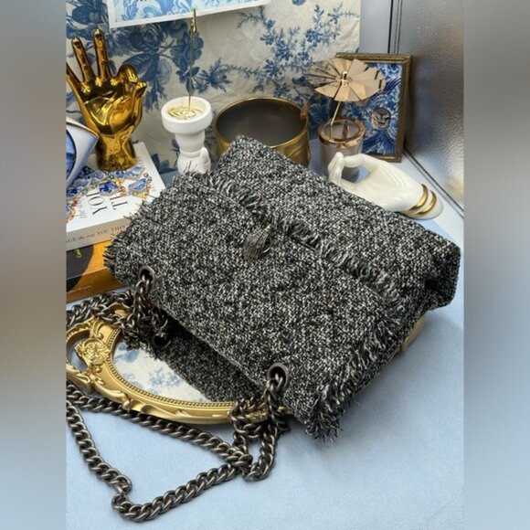 🆕 KURT GEIGER LONDON 🧿 NWOT Large Tweed Kensington Bag, Metallic Black & White - Picture 11 of 16